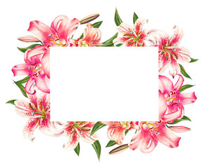 Beautiful pink lily frame. Bouquet of flowers. Floral print. Marker drawing. Watercolor painting. Wedding and birthday festive composition. Greeting card. Painted background. Hand drawn illustration.