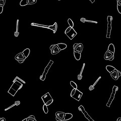 Seamless pattern of lavatory bowl, plugner, toilet paper, bucket and toilet brush icons isolated on black background. Vector seamless pattern with hand drawn doodle bathroom elements. Outline
