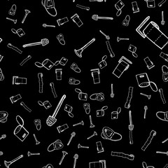 Seamless pattern of lavatory bowl, plugner, toilet paper, bucket and toilet brush icons isolated on black background. Vector seamless pattern with hand drawn doodle bathroom elements. Outline