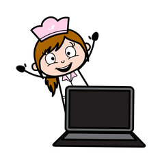 Presenting a Laptop - Retro Cartoon Waitress Female Chef Vector Illustration