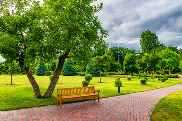 Beautiful sunny park with bench. - obrazy, fototapety, plakaty