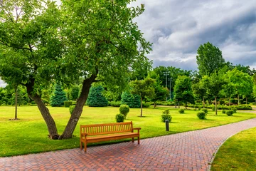 Fototapeten Beautiful sunny park with bench. © Mny-Jhee