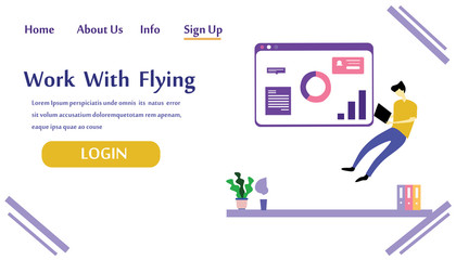People flying and interacting with graphs and papers. Business and workflow management. Landing page template Vector Illustration