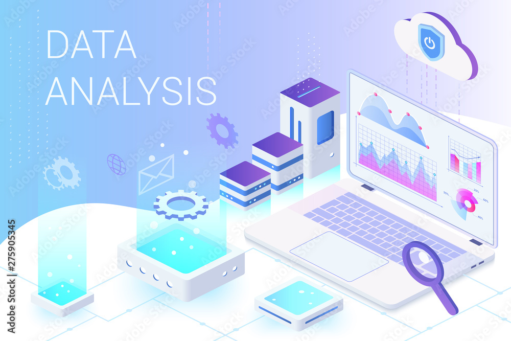 Aufkleber Data analysis isometric web banner vector template. Web analytics and marketing metrics service. Big data, Iot 3d concept. Business and financial research. Database, data storage. Statistics analyzing