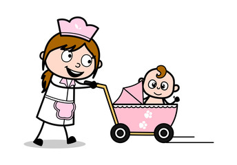 Baby Sitter with Baby in Stoller - Retro Cartoon Waitress Female Chef Vector Illustration