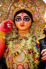 Closeup of Hindu Deity : Goddess Durga during Durga Puja Celebrations in Kolkata , India