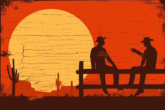 Wild west signboard, silhouette of cowboys sitting on fence, Vector Illustration