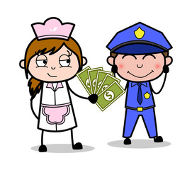 Offering Bribe to a Police Officer - Retro Cartoon Waitress Female Chef Vector Illustration