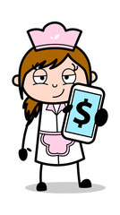 Obraz premium Showing Online Earning in Mobile - Retro Cartoon Waitress Female Chef Vector Illustration