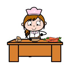 Preparing Food - Retro Cartoon Waitress Female Chef Vector Illustration