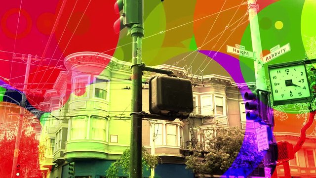 Haight Ashbury intersection with hallucinogenic colours.  Intersection at Haight Ashbury in San Francisco with composited psychedelic colours.