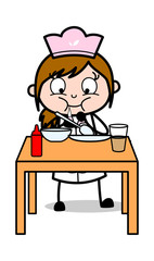 Eating Lunch - Retro Cartoon Waitress Female Chef Vector Illustration