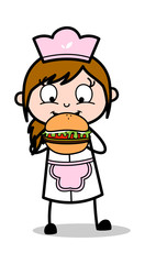 Eating Burger - Retro Cartoon Waitress Female Chef Vector Illustration