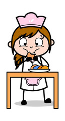 Eating Cookies - Retro Cartoon Waitress Female Chef Vector Illustration