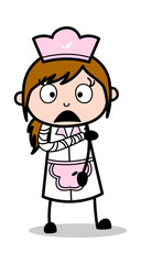 Hand Fracture - Retro Cartoon Waitress Female Chef Vector Illustration