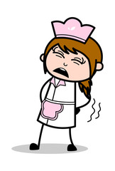 Groaning in Backache - Retro Cartoon Waitress Female Chef Vector Illustration