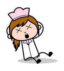 Groaning with Pain - Retro Cartoon Waitress Female Chef Vector Illustration