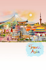 Watercolor painting illustration, landmark of Asia