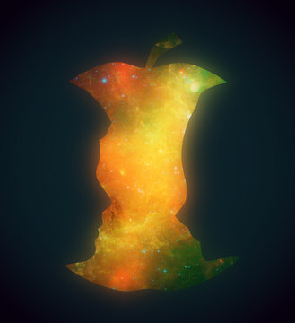 Fototapeta An apple or two face profile view. Optical illusion. Human head make silhouette of fruit. Elements of this image furnished by NASA. Deep space with stars and nebula