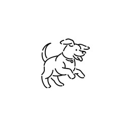 Happy little puppy with collar. Line art style character vector black white sketch isolated illustration.