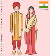 Cute Asian couple with traditional clothes : Vector Illustration