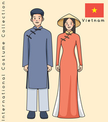Cute Asian couple with traditional clothes : Vector Illustration - 275907742