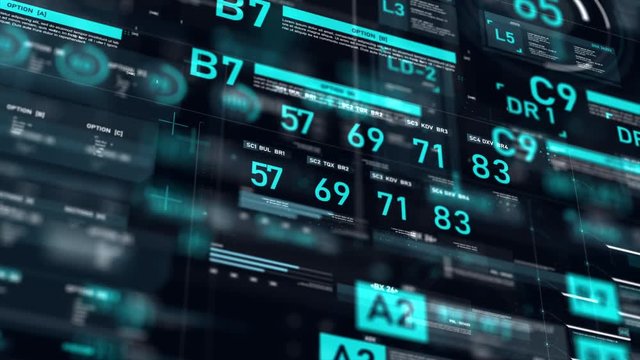 Futuristic user interface HUD GUI digital text number element for cyber technology concept with shallow depth of field dark and grain processed