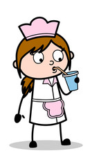 Drinking Cold Water - Retro Cartoon Waitress Female Chef Vector Illustration