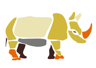 African rhino. Wild savanna animal rhinoceros. Contemporary paper cut style. Hand drawn cartoon. Colorful abstract illustration. Child, baby of infant print.