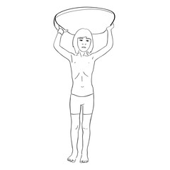 Little child holding bodyboard above head. Vector bodyboarding kid contour. Isolated black outline. Black lines drawing.