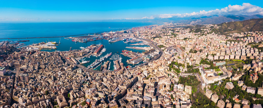 Genoa port aerial panoramic view