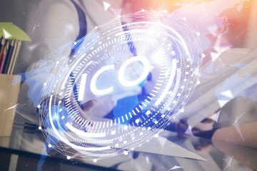 Cryptocurrency hologram over woman's hands writing background. Concept of blockchain. Double exposure