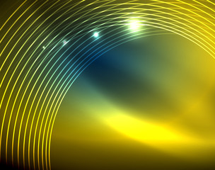 Blue neon circles, abstract circular lines. Glowing circle abstract pattern background