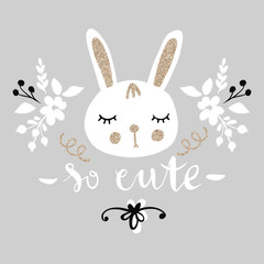 Cute bunny. Funny illustration. Lovely rabbit with golden glitter.