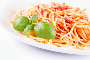 Spaghetti bolognese with melted parmesan cheese decorated with basil on a white background	