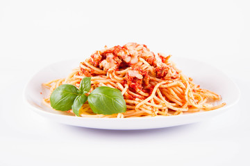 Spaghetti bolognese with melted parmesan cheese decorated with basil on a white background	