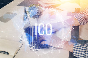 Blockchain theme hud with businessman working on computer on background. Concept of crypto chain. Multi exposure.