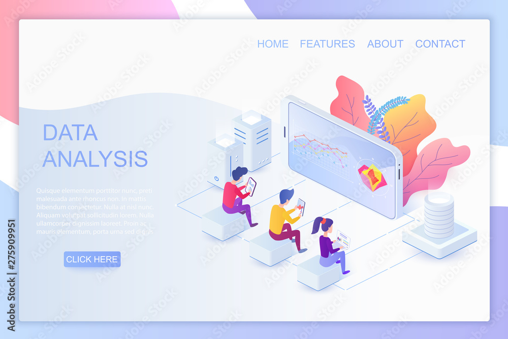 Poster Web analytics isometric landing page vector template. Big data analysis website design layout. Usability testing and user experience 3d concept illustration. App, application development