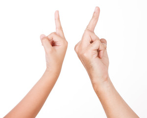 Man and Boy with Middle Finger. ISOLATED ON WHITE BACKGROUND.