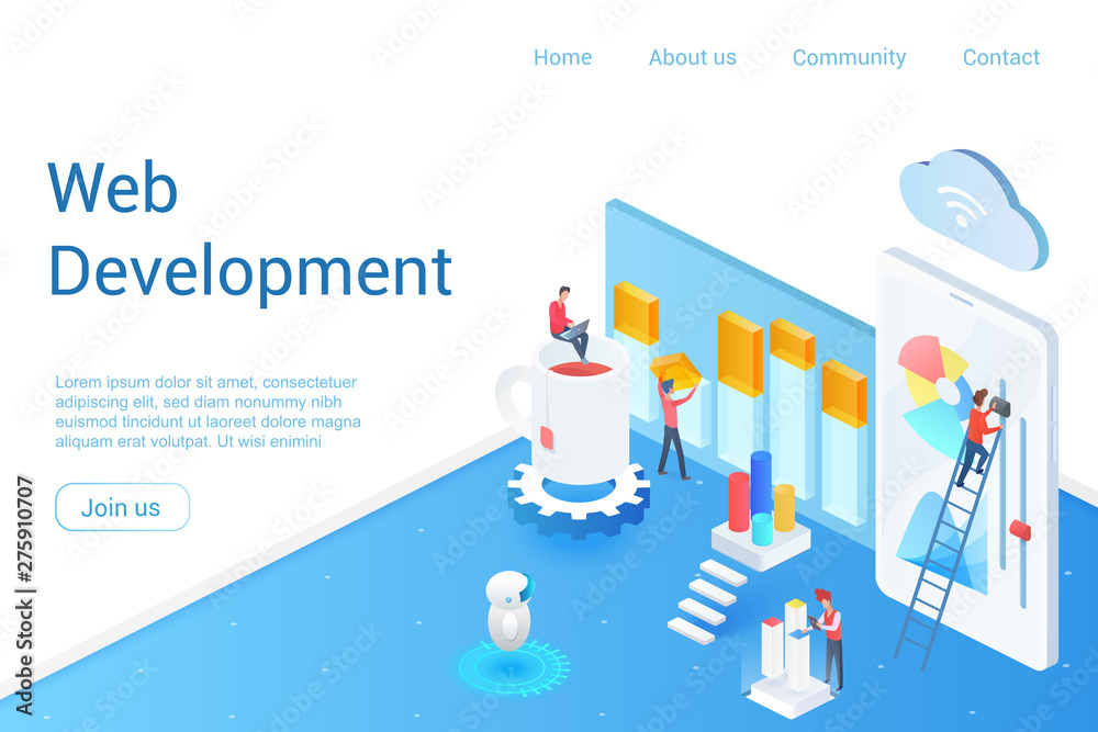 Fototapete Web development isometric landing page vector template. App, software programming webpage design layout. Website optimization and customization 3d concept illustration. Digital technology, IT industry