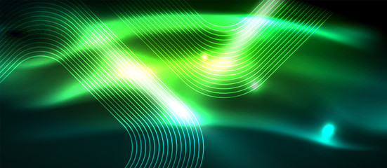 Dark background with neon glowing elements, shiny motion concept