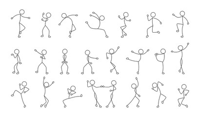 dancing people, freehand drawing, sketch, stick figure man pictogram, isolated silhouettes on white background