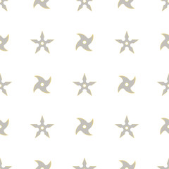 Seamless pattern with shurikens. Ninja weapon. Samurai equipment. Cartoon style. Vector illustration for design, web, wrapping paper, fabric, wallpaper.