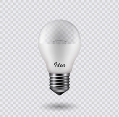 Vector image of a light bulb. Realistic 3d object on a transparent background. The effect of light. The symbol of creativity and ideas.