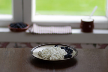 Fresh cottage cheese with blueberries on plate on wooden table near window