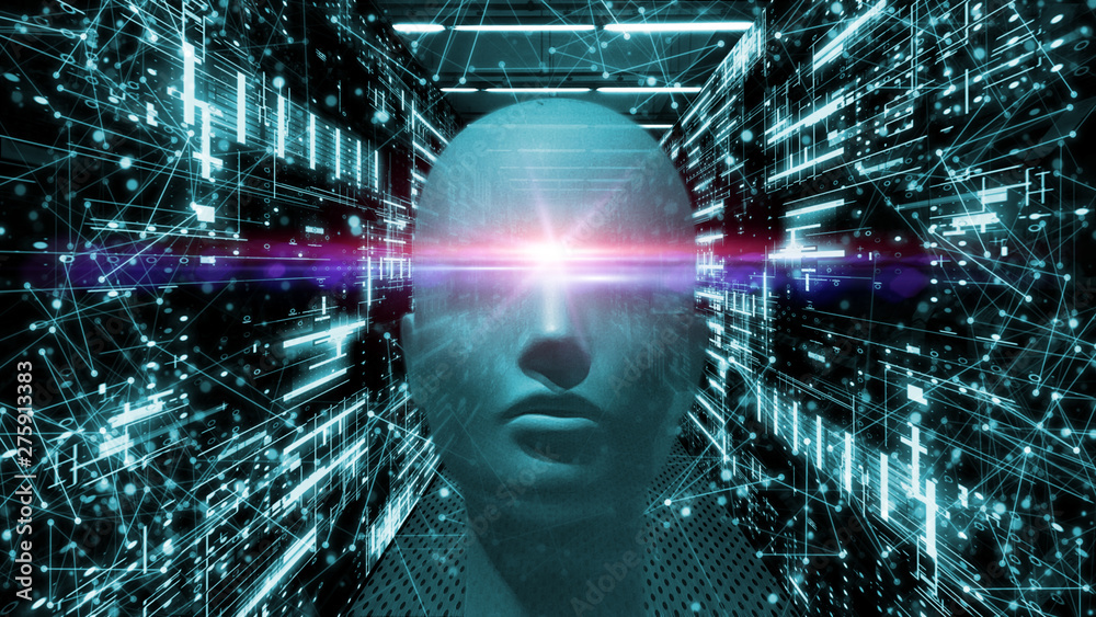 Poster 3D Rendering of data center room with abstract data servers and glowing led indicators and robot head. Conceptf or Big data, machine learning, artificial intelligence concept background.
