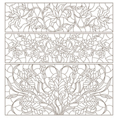 Set of contour stained glass illustrations with bouquets and flowers, lilies and irises, horizontal  oriented, dark outlines on white background