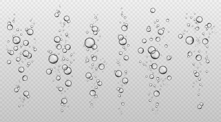 Water bubbles. Abstract fresh soda bubble groups. Effervescent oxygen texture. Underwater fizzing air sparkles isolated vector set - obrazy, fototapety, plakaty