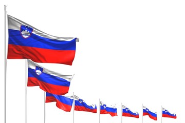 pretty feast flag 3d illustration. - many Slovenia flags placed diagonal isolated on white with space for your content