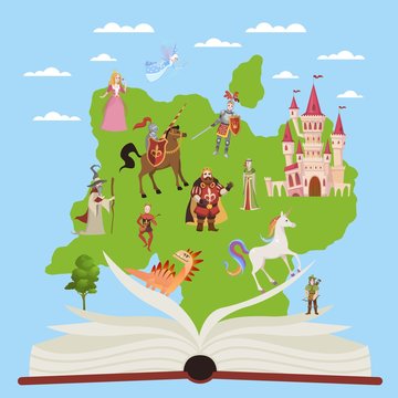 Story book. Child educational books with stories fairytale and fantasy characters for imagination reading vector illustration